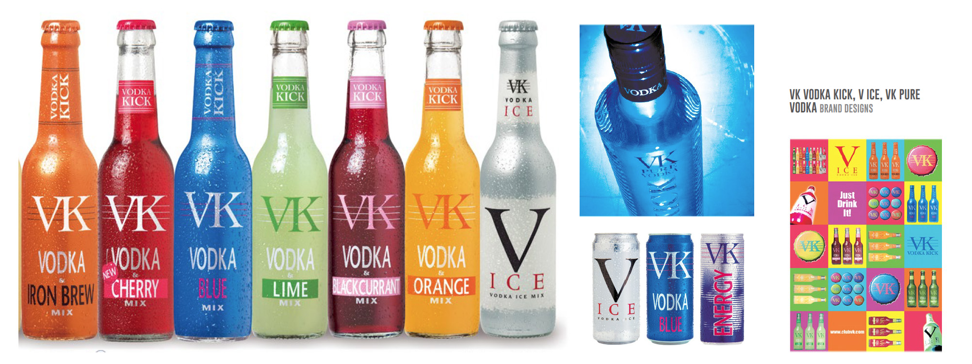 This is an image of designs and photography of VK Vodka Kick RTD drink bottles